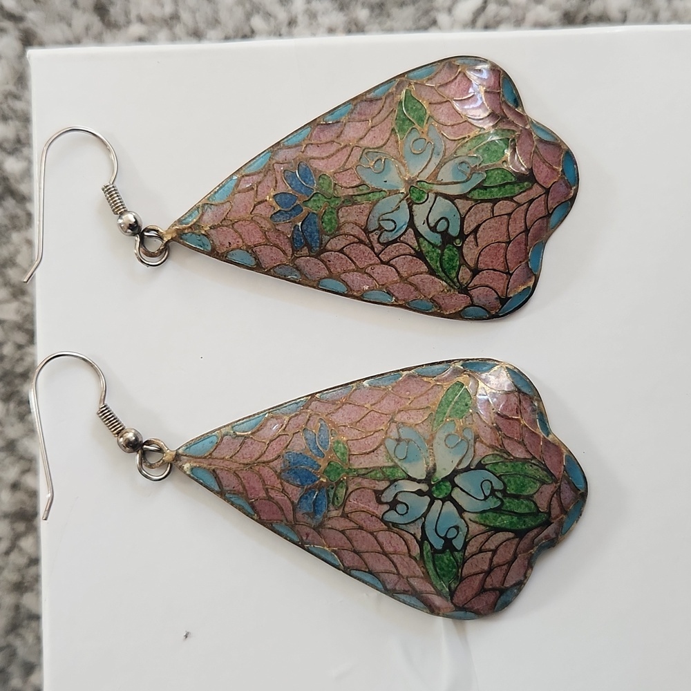 Rare Vintage Plique A Jour Translucent Cloisonne Enamel‎ Earrings Floral Design